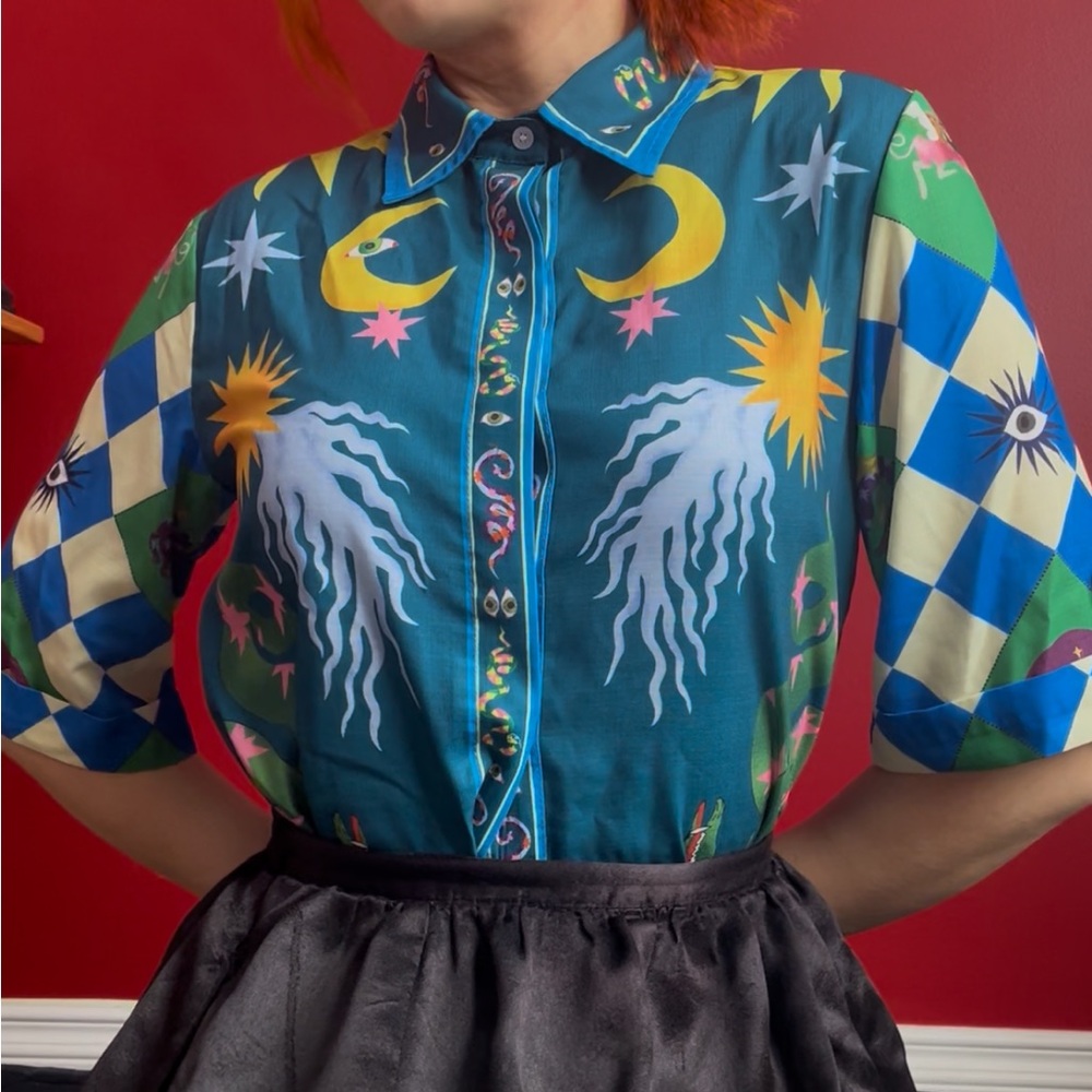 Teal and Yellow Celestial Patterned Shirt